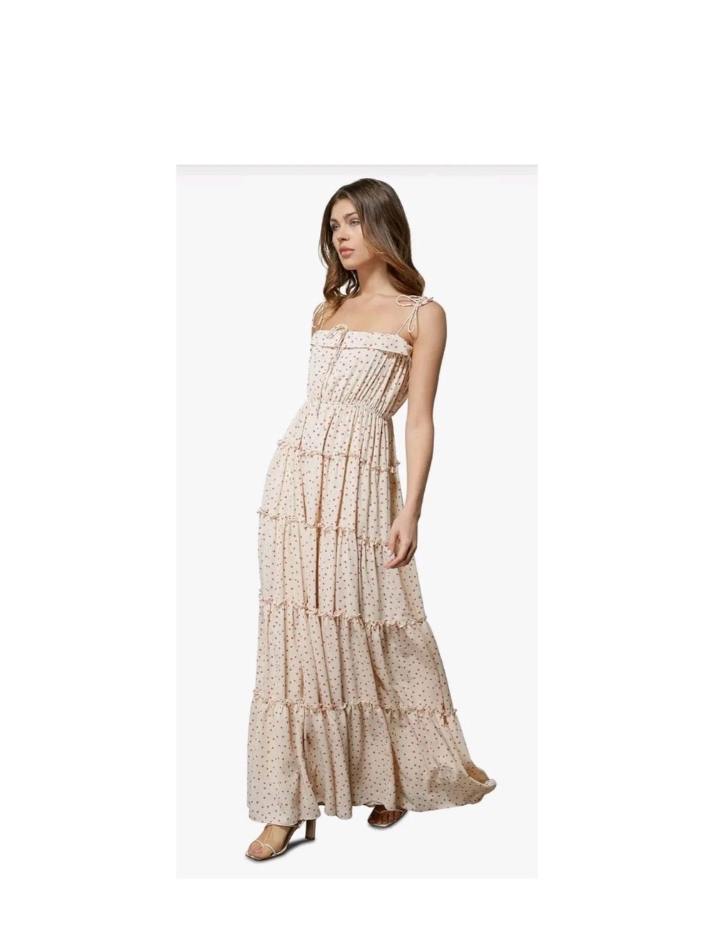 Line & Dot Cream Tiered Maxi Dress with Pink Dot Print
